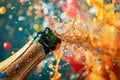 champagne bottle with a cork popping out, in the style of abstract, with splashes of paint and shapes Royalty Free Stock Photo