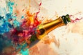 champagne bottle with a cork popping out, in the style of abstract, with splashes of paint and shapes Royalty Free Stock Photo