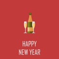 Champagne bottle. Elegant glasses of yellow champagne with bubbles on red background. Happy new year and merry christmas. Royalty Free Stock Photo