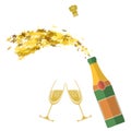 Champagne Bottle Explosion. Happy New Year. Cheers. Alcoholic Fizzy Drink. Congratulations. Merry Christmas.