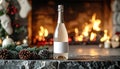 Champagne Bottle on Fireplace Hearth With Christmas Decorations and Warm Fire Glow Royalty Free Stock Photo