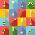 Champagne bottle glass icons set, flat style Royalty Free Stock Photo