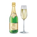 Champagne bottle and glass on white