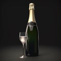 Champagne bottle and glass of wine, close-up on black, congratulatory background,