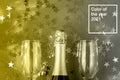 Champagne bottle and glasses with gold confetti stars. Concept for birthday. Color of the year 2021 Royalty Free Stock Photo