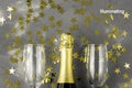 Champagne bottle and glasses with gold confetti stars. Concept for birthday or wedding. Color of the year 2021 Royalty Free Stock Photo