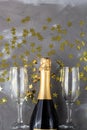 Champagne bottle and glasses with gold confetti stars. Concept for christmas, birthday or wedding Royalty Free Stock Photo