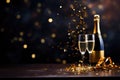 Champagne bottle and glasses with golden confetti on bokeh background, Celebration background with confetti and gold balloons, AI