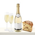 Champagne bottle with glasses and panettone slice