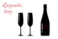 Champagne bottle and glasses silhouette,beverage container and goblets.Alcohol drink icon on a white background.Simple romantic