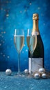 Champagne bottle and glasses of sparkling wine on dark blue background with bokeh and Festive lights Royalty Free Stock Photo