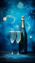 Champagne bottle and glasses of sparkling wine on dark blue background with bokeh and Festive lights Royalty Free Stock Photo