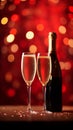 Champagne bottle and glasses of sparkling wine on red background with bokeh and Festive lights. Valentine\'s Royalty Free Stock Photo