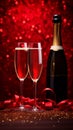 Champagne bottle and glasses of sparkling wine on red background with bokeh and Festive lights. Valentine\'s Royalty Free Stock Photo