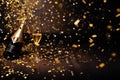 Champagne bottle and glasses on wooden table with golden confetti, Celebration background with confetti and gold balloons, AI