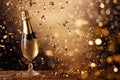 Champagne bottle and golden confetti on bokeh background. New Year celebration, Celebration background with confetti and gold