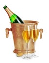 Champagne bottle in golden ice bucket with glasses of champagne close-up on a white background. Festive still life. Royalty Free Stock Photo