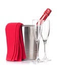 Champagne bottle in ice bucket and glasses Royalty Free Stock Photo