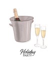 Champagne bottle with ice bucket vector illustration. Vector art. Celebration greeting card, anniversary design. Bithday Royalty Free Stock Photo