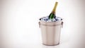 Champagne bottle inside ice bucket isolated on white background. 3D illustration Royalty Free Stock Photo