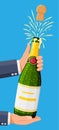 Champagne bottle opening with pop and cork flying. Royalty Free Stock Photo