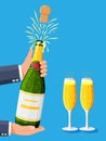 Champagne bottle opening with pop and cork flying. Royalty Free Stock Photo