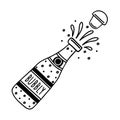 Champagne bottle pop open with cork vector icon. Festive alcohol with bubbles, wine splashes. Hand drawn doodle isolated on white