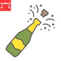 Champagne bottle popping color line icon, merry christmas and drink, alcohol sign vector graphics, editable stroke