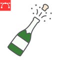 Champagne bottle popping color line icon, merry christmas and drink, alcohol sign vector graphics, editable stroke