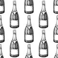 Champagne bottle seamless pattern. Hand drawn isolated vector illustration. Alcohol