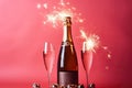 Champagne bottle with sparklers on pink background. Flat lay Royalty Free Stock Photo