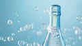 Champagne bottle of sparkling with bubbles on blue background, close-up. Refreshing beverage concept Royalty Free Stock Photo