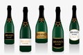 Champagne bottle or sparkling wine with label. Collection of five glass bottles isolated on white background. Vector Royalty Free Stock Photo