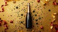 A champagne bottle surrounded by confetti stars and party streamers on a festive gold background Royalty Free Stock Photo