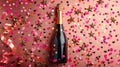 A champagne bottle surrounded by confetti stars and party streamers on a festive gold background Royalty Free Stock Photo