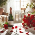 champagne bottle, two empty glasses, red roses on white wooden table, over white room background sunny day Royalty Free Stock Photo