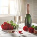 champagne bottle, two empty glasses, red roses on white wooden table, over white room background sunny day Royalty Free Stock Photo