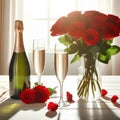 champagne bottle, two empty glasses, red roses on white wooden table, over white room background sunny day Royalty Free Stock Photo