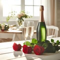 champagne bottle, two empty glasses, red roses on white wooden table, over white room background sunny day Royalty Free Stock Photo
