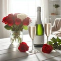 champagne bottle, two empty glasses, red roses on white wooden table, over white room background sunny day Royalty Free Stock Photo