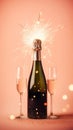 Champagne bottle with two flutes. Festive sparklers background for New Year Royalty Free Stock Photo