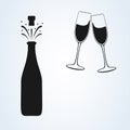 Champagne bottle and two glasses black silhouette icons. Simple minimal vector illustration. Royalty Free Stock Photo