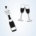 Champagne bottle and two glasses black silhouette icons. Simple minimal vector illustration. Royalty Free Stock Photo