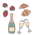Champagne bottle, two glasses with bubbly, croissants and strawberries. French breakfast food. Vector illustration in