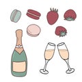 Champagne bottle, two glasses with bubbly, strawberries and macaroons. French dessert. Vector illustration in cartoon