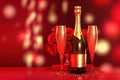 Champagne Bottle and Two Glasses Celebration party Roses Bokeh Red Background AI Generative Royalty Free Stock Photo