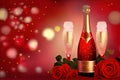 Champagne Bottle and Two Glasses Celebration party Roses Bokeh Red Background AI Generative Royalty Free Stock Photo