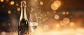 Champagne bottle and two glasses on golden bokeh background. New Year concept Royalty Free Stock Photo