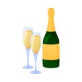 Champagne bottle and two glasses. Sparkling wine in wineglasses isolated. Vector object illustration of alcohol beverage for New Royalty Free Stock Photo