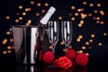 Champagne bottle, two wine glasses and red rose Royalty Free Stock Photo